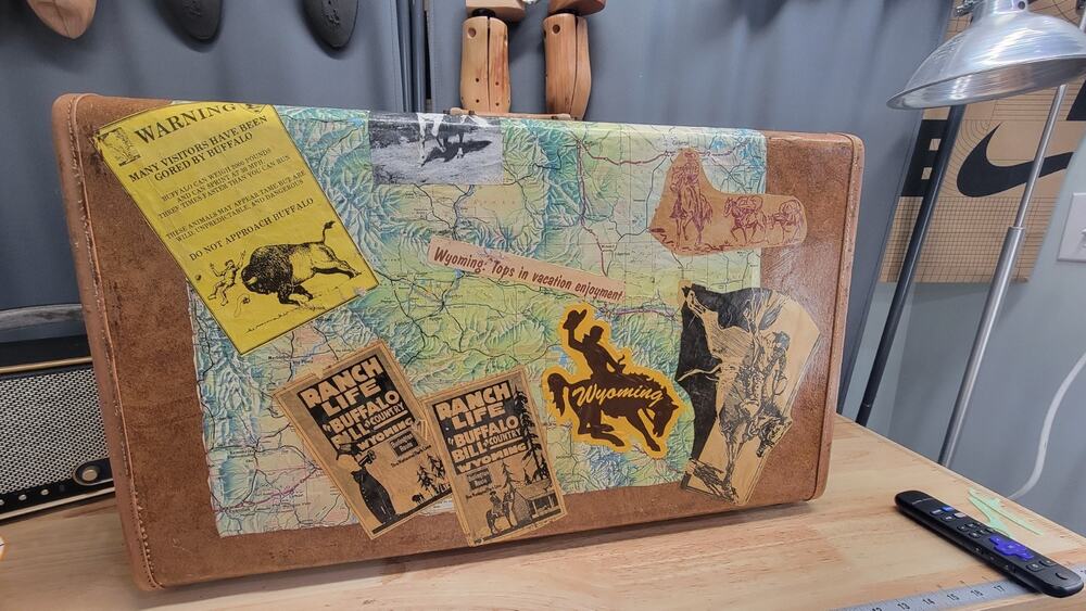 Vintage Antique Suitcase With Travel Sticker Decal Hotel Europe Decorative VTG